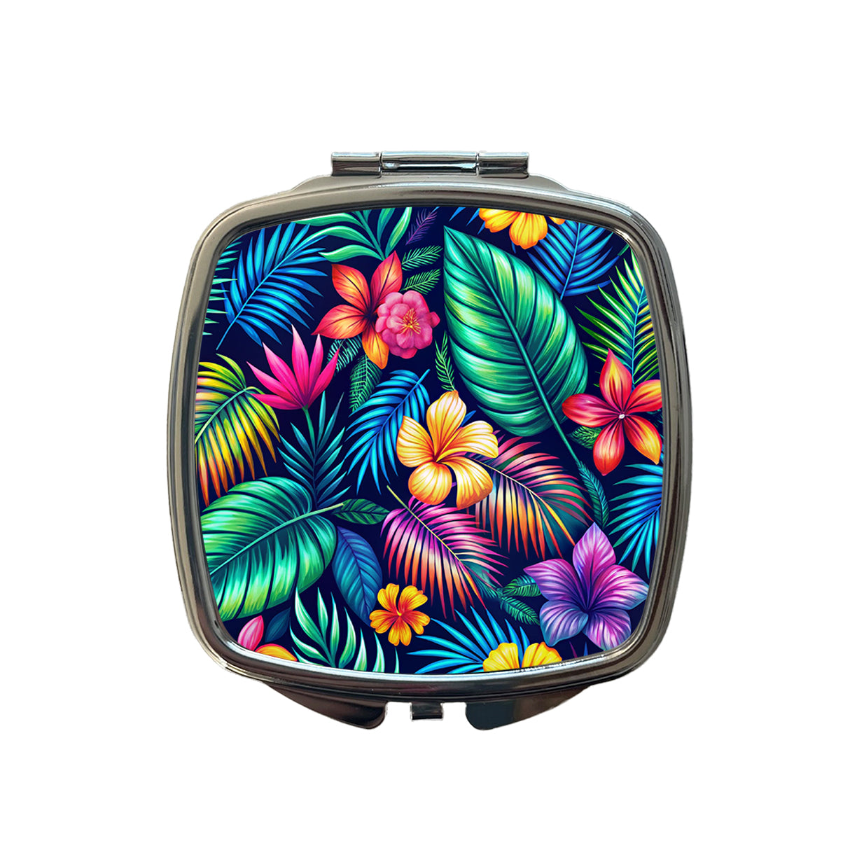 Neon Tropical Floral Pattern Small Travel Purse Handbag Pocket Makeup Compact Mirror