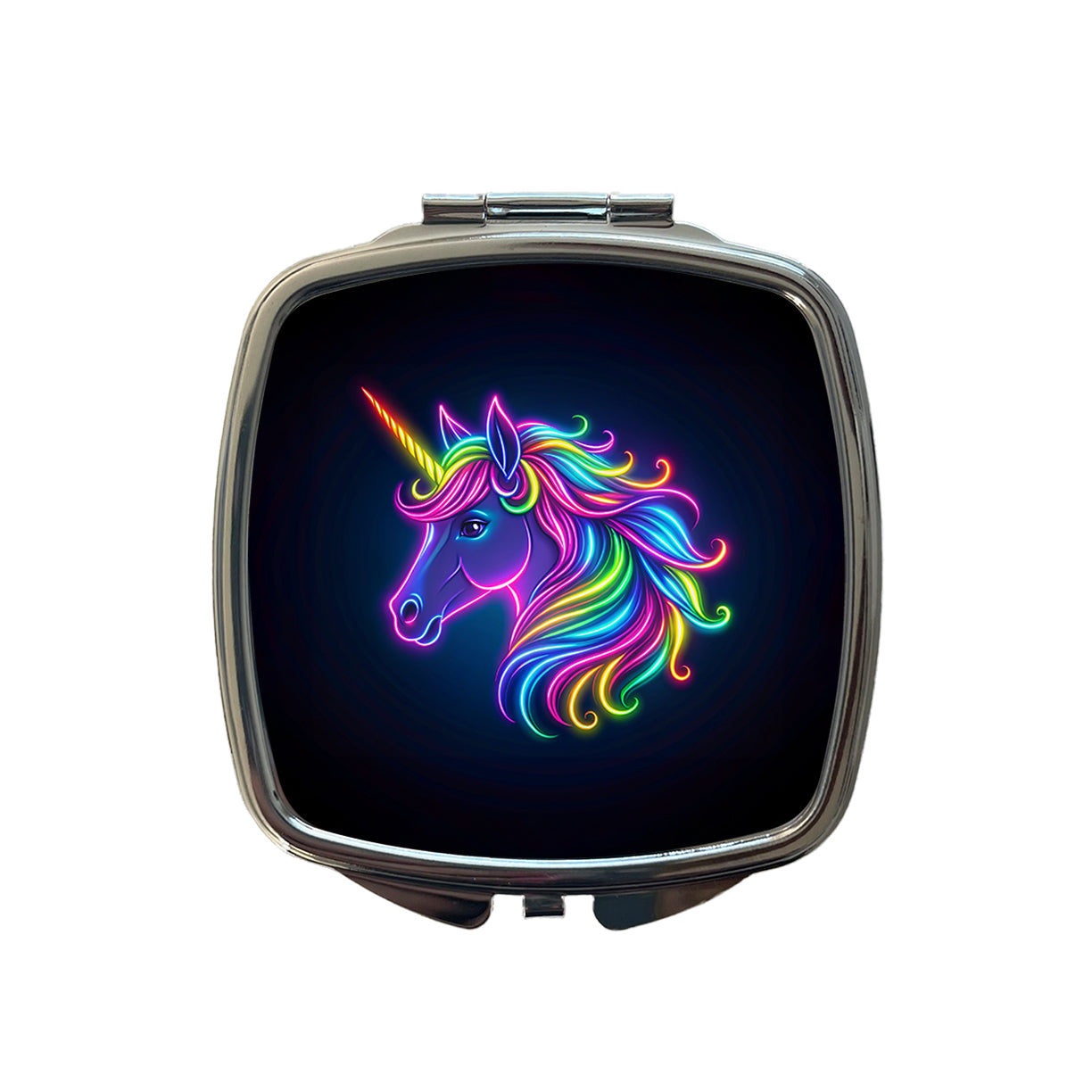 Neon Unicorn Head Fantasy Small Travel Purse Handbag Pocket Makeup Compact Mirror