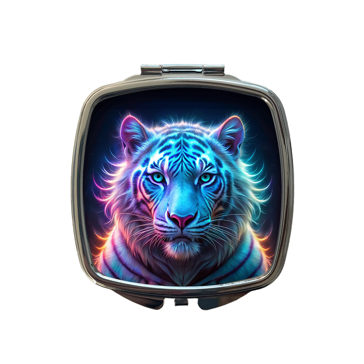 Neon White Tiger Face Small Travel Purse Handbag Pocket Makeup Compact Mirror