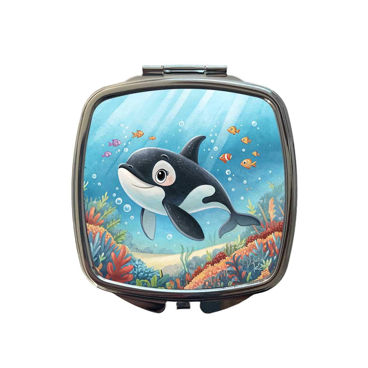 Orca Killer Whale Children's Illustration Style Small Travel Purse Handbag Pocket Makeup Compact Mirror