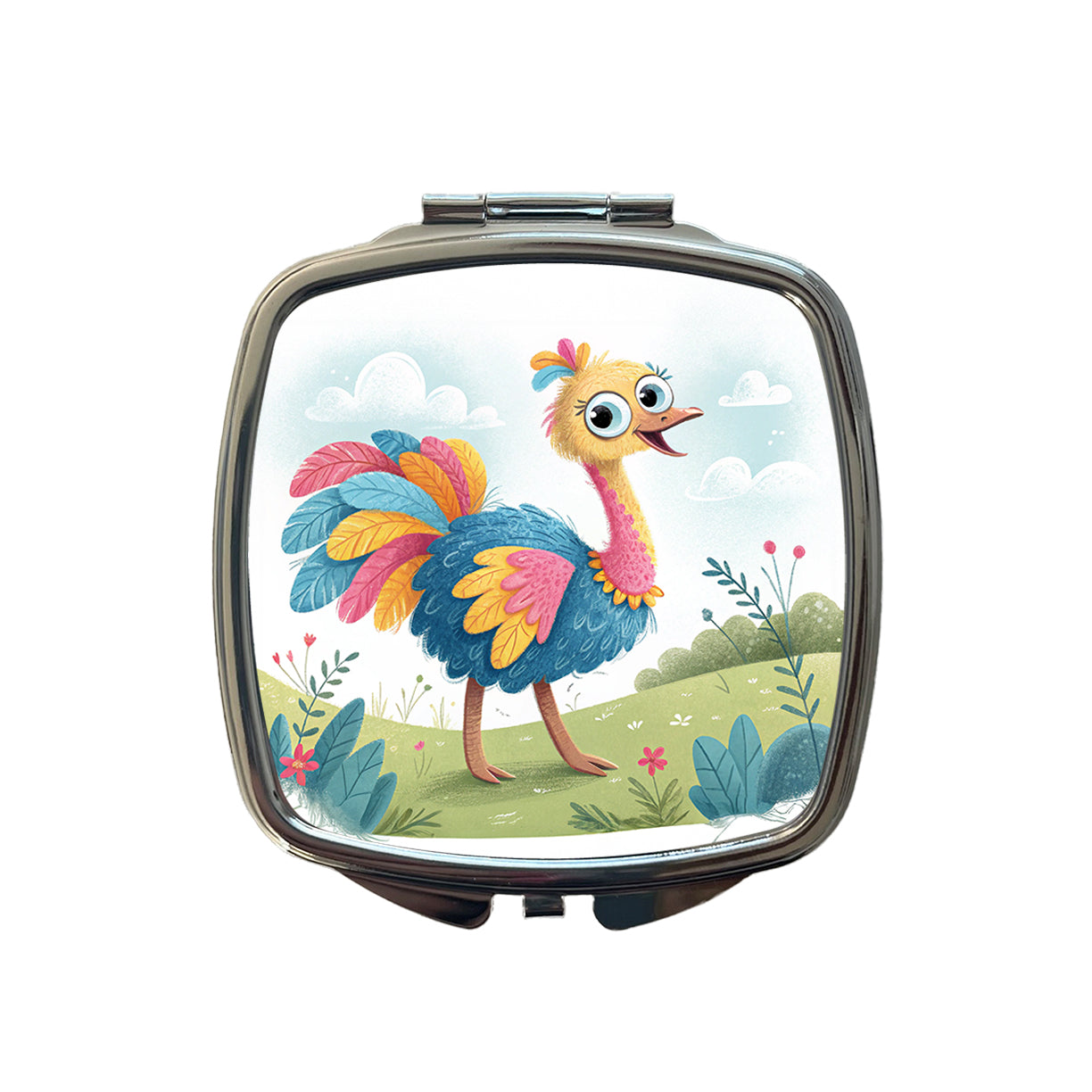 Ostrich Children's Illustration Style Small Travel Purse Handbag Pocket Makeup Compact Mirror