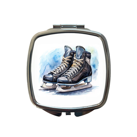 Pair Of Hockey Ice Skates Watercolor Small Travel Purse Handbag Pocket Makeup Compact Mirror