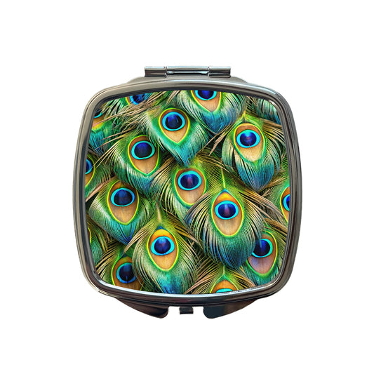 Peacock Feathers Pattern Small Travel Purse Handbag Pocket Makeup Compact Mirror