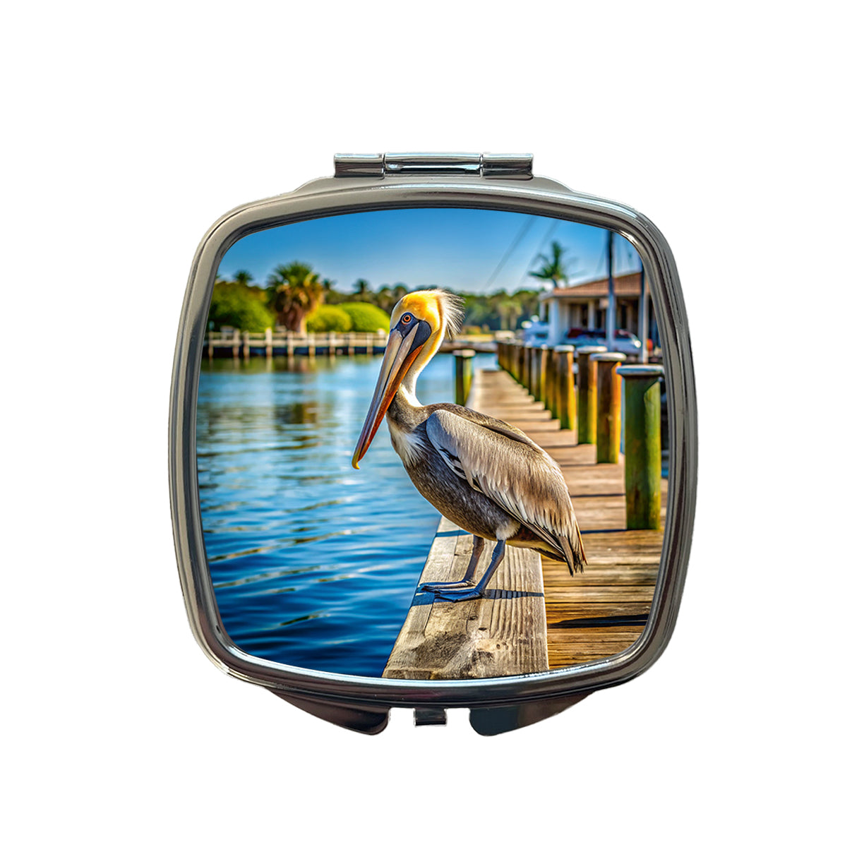 Pelican On Dock Small Travel Purse Handbag Pocket Makeup Compact Mirror