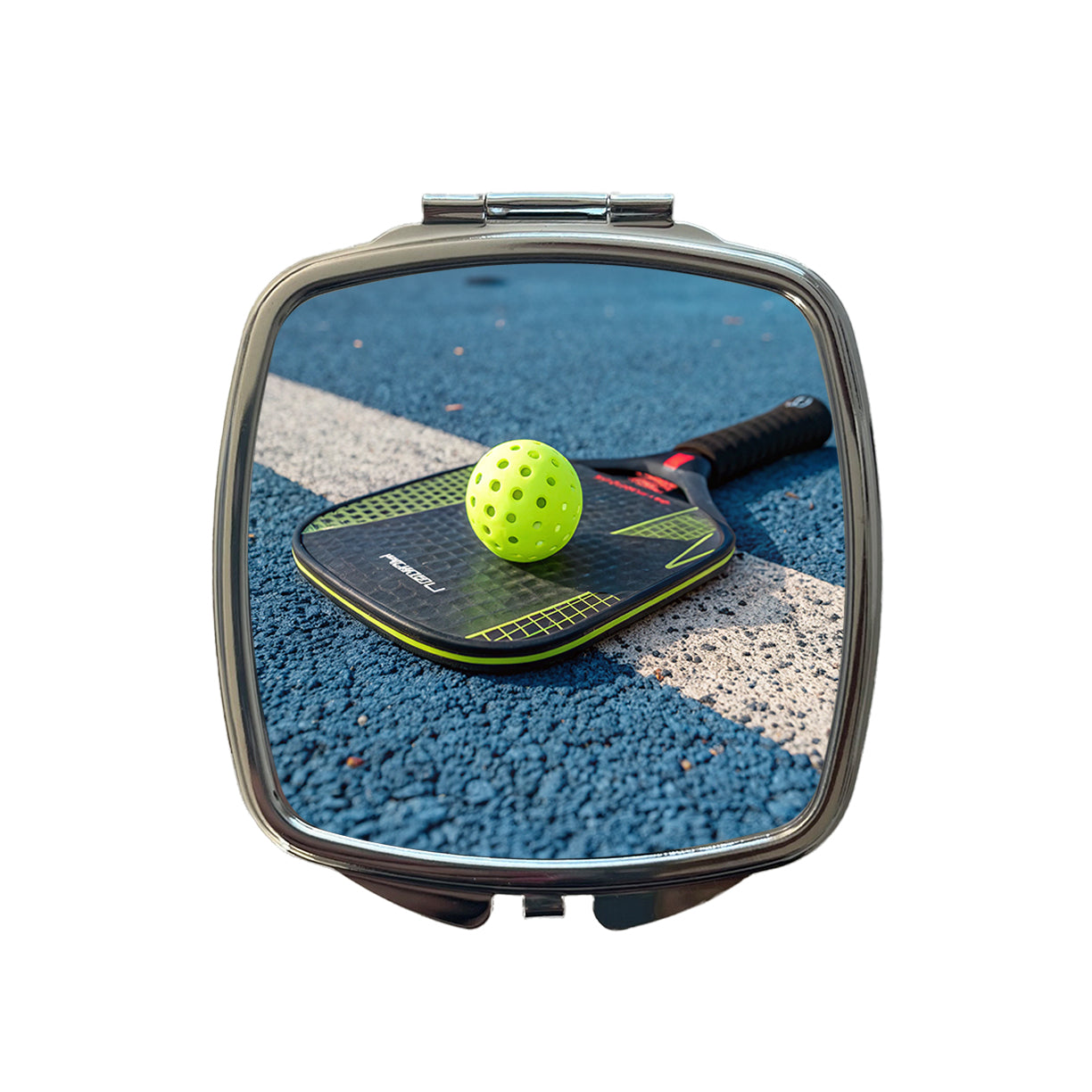 Pickleball Paddle and Ball on Court Small Travel Purse Handbag Pocket Makeup Compact Mirror