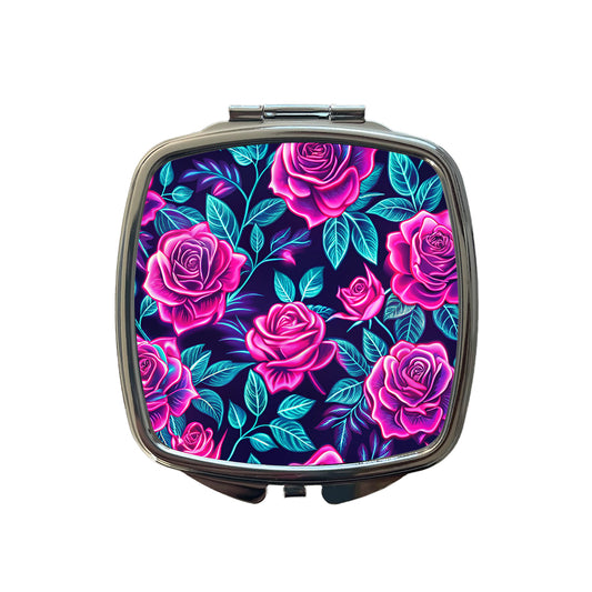 Pink Neon Rose Floral Pattern Small Travel Purse Handbag Pocket Makeup Compact Mirror