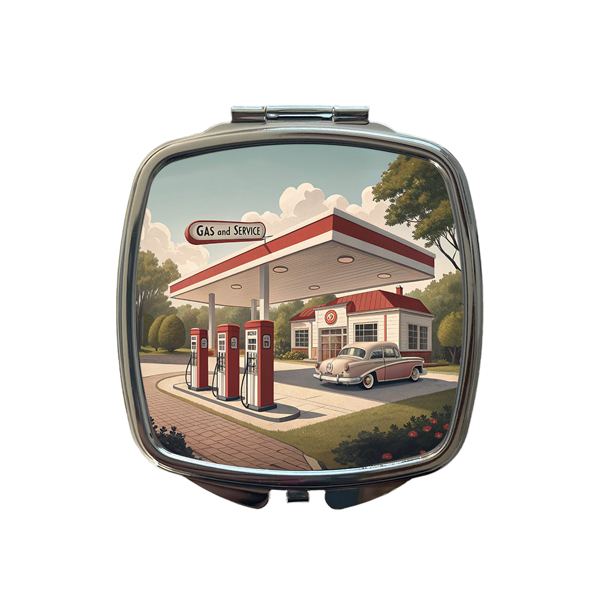 Retro Americana 1950's Gas Station Convenience Store Small Travel Purse Handbag Pocket Makeup Compact Mirror