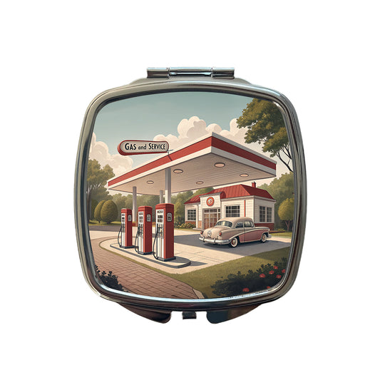 Retro Americana 1950's Gas Station Convenience Store Small Travel Purse Handbag Pocket Makeup Compact Mirror