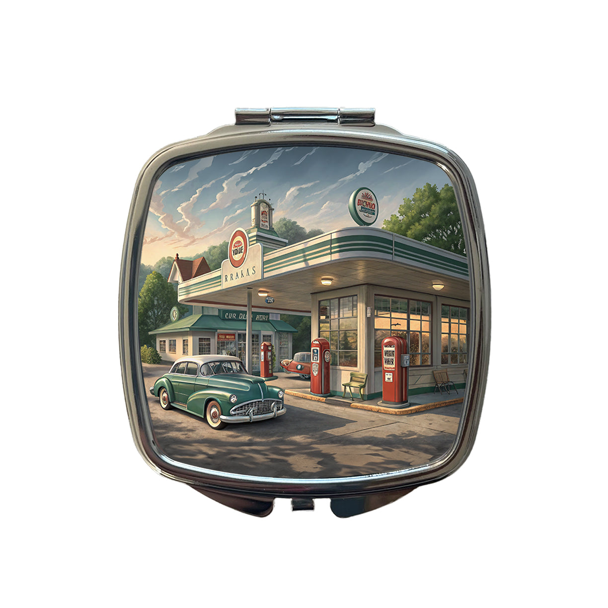 Retro Americana 1950's Main Street Gas Station Small Travel Purse Handbag Pocket Makeup Compact Mirror