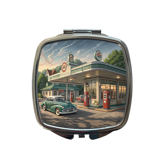 Retro Americana 1950's Main Street Gas Station Small Travel Purse Handbag Pocket Makeup Compact Mirror