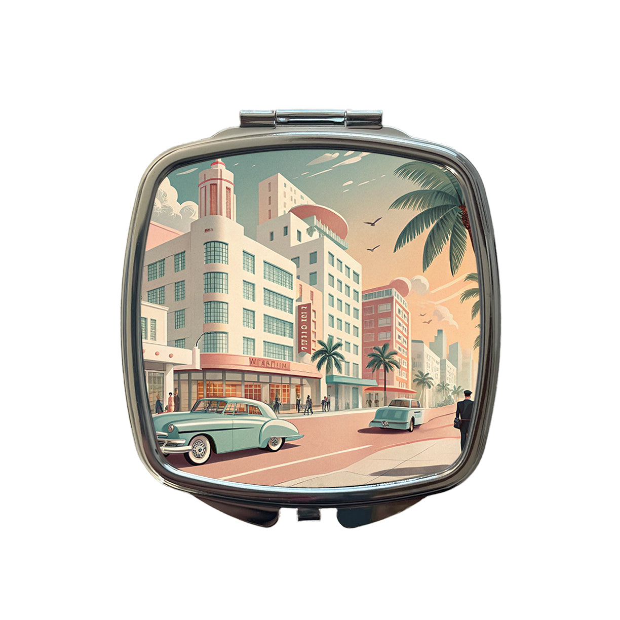 Retro Mid-Century Pastel Cityscape Small Travel Purse Handbag Pocket Makeup Compact Mirror