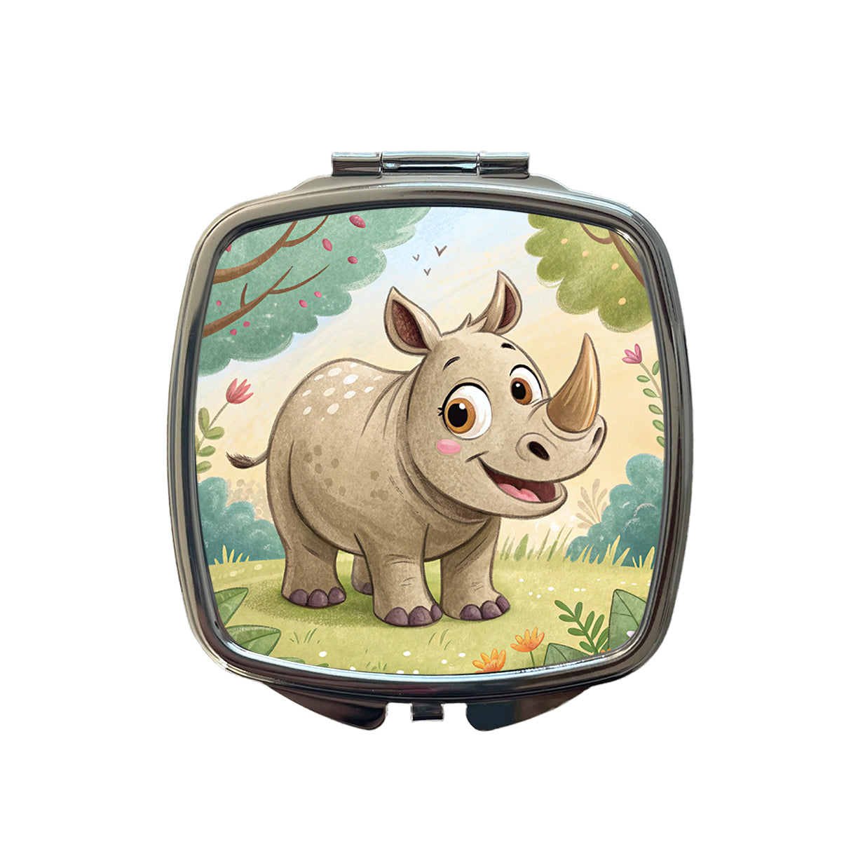 Rhinoceros Children's Illustration Style Small Travel Purse Handbag Pocket Makeup Compact Mirror