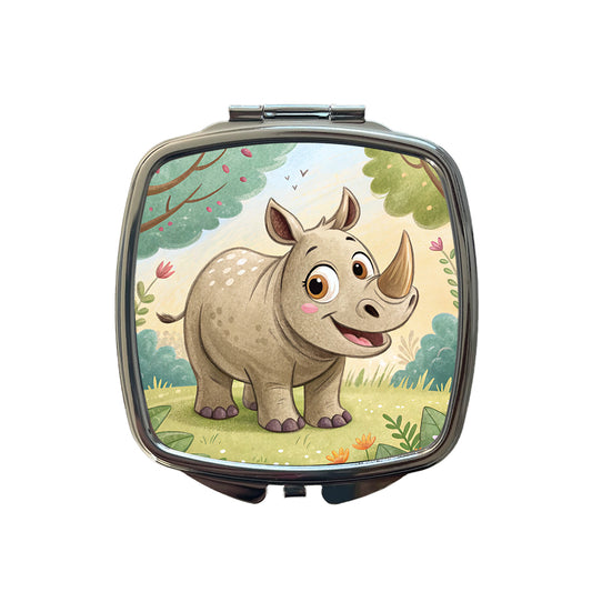 Rhinoceros Children's Illustration Style Small Travel Purse Handbag Pocket Makeup Compact Mirror