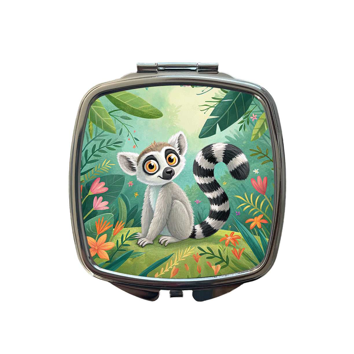 Ring-Tailed Lemur Children's Illustration Style Small Travel Purse Handbag Pocket Makeup Compact Mirror