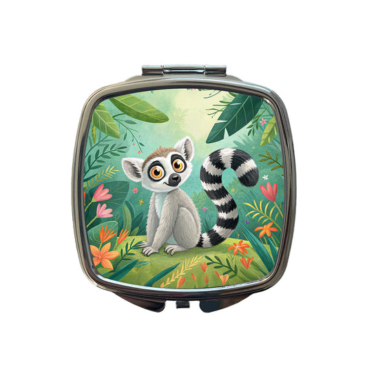 Ring-Tailed Lemur Children's Illustration Style Small Travel Purse Handbag Pocket Makeup Compact Mirror