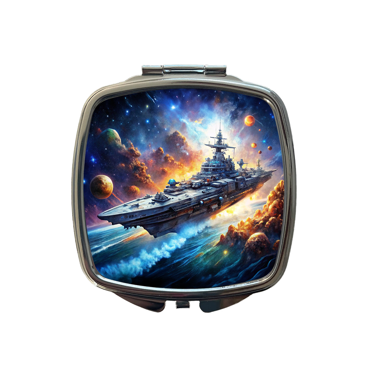 Sci-fi Space Warship Battleship Small Travel Purse Handbag Pocket Makeup Compact Mirror
