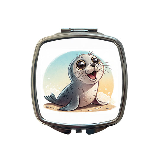 Seal Children's Illustration Style Small Travel Purse Handbag Pocket Makeup Compact Mirror