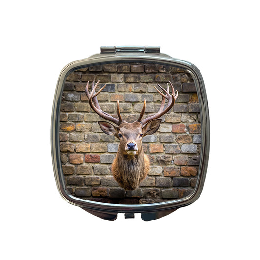 Stag's Head Mounted To Wall Small Travel Purse Handbag Pocket Makeup Compact Mirror