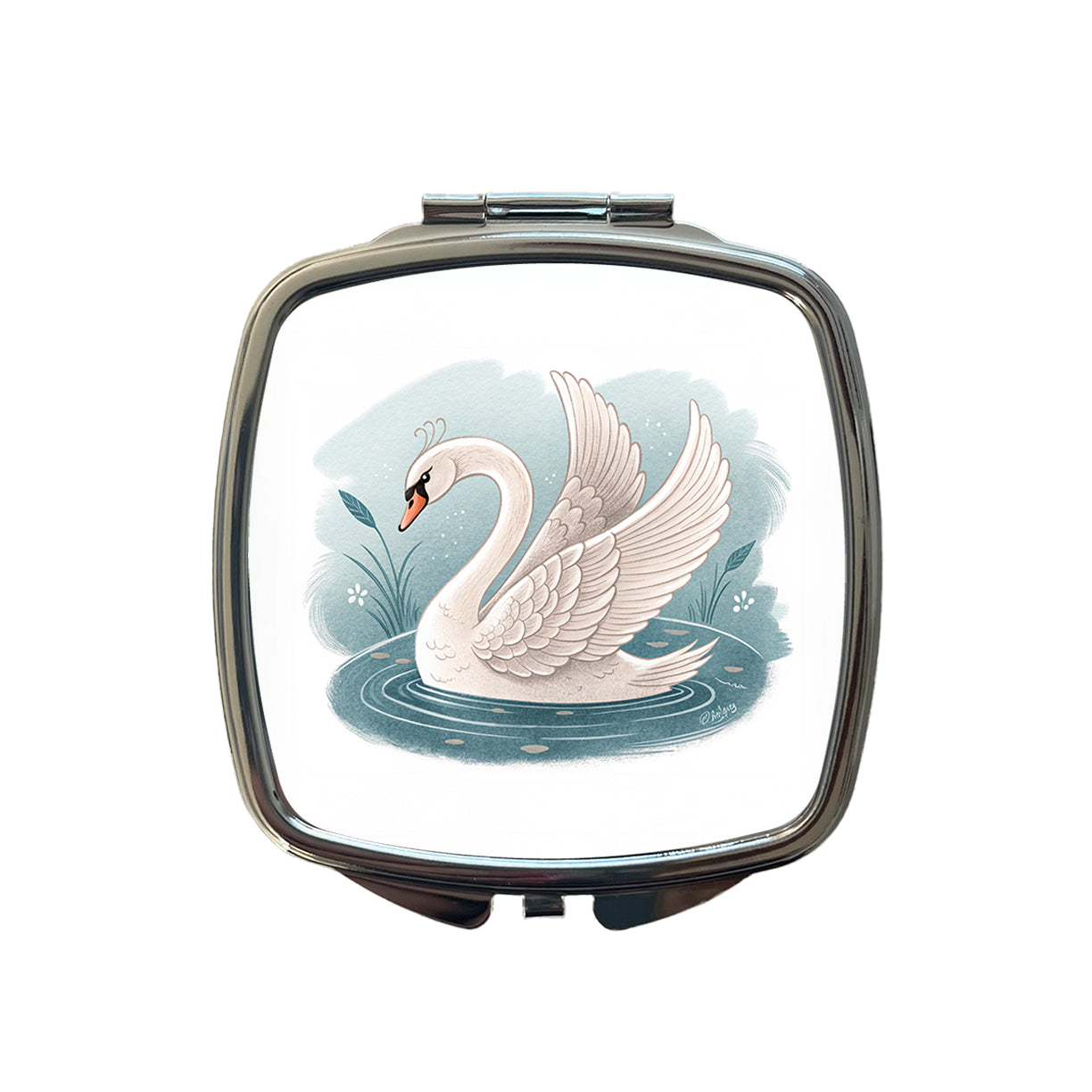 Swan Children's Illustration Style Small Travel Purse Handbag Pocket Makeup Compact Mirror