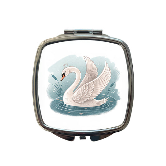 Swan Children's Illustration Style Small Travel Purse Handbag Pocket Makeup Compact Mirror