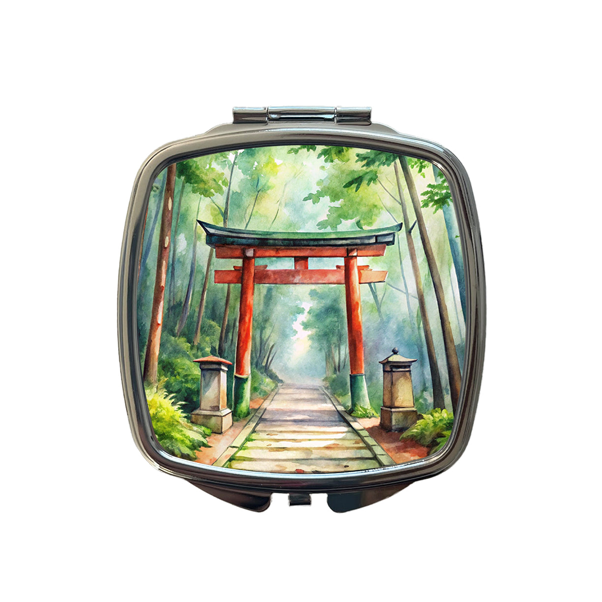 Torii Gate Leading To Forest Shrine Watercolor Small Travel Purse Handbag Pocket Makeup Compact Mirror