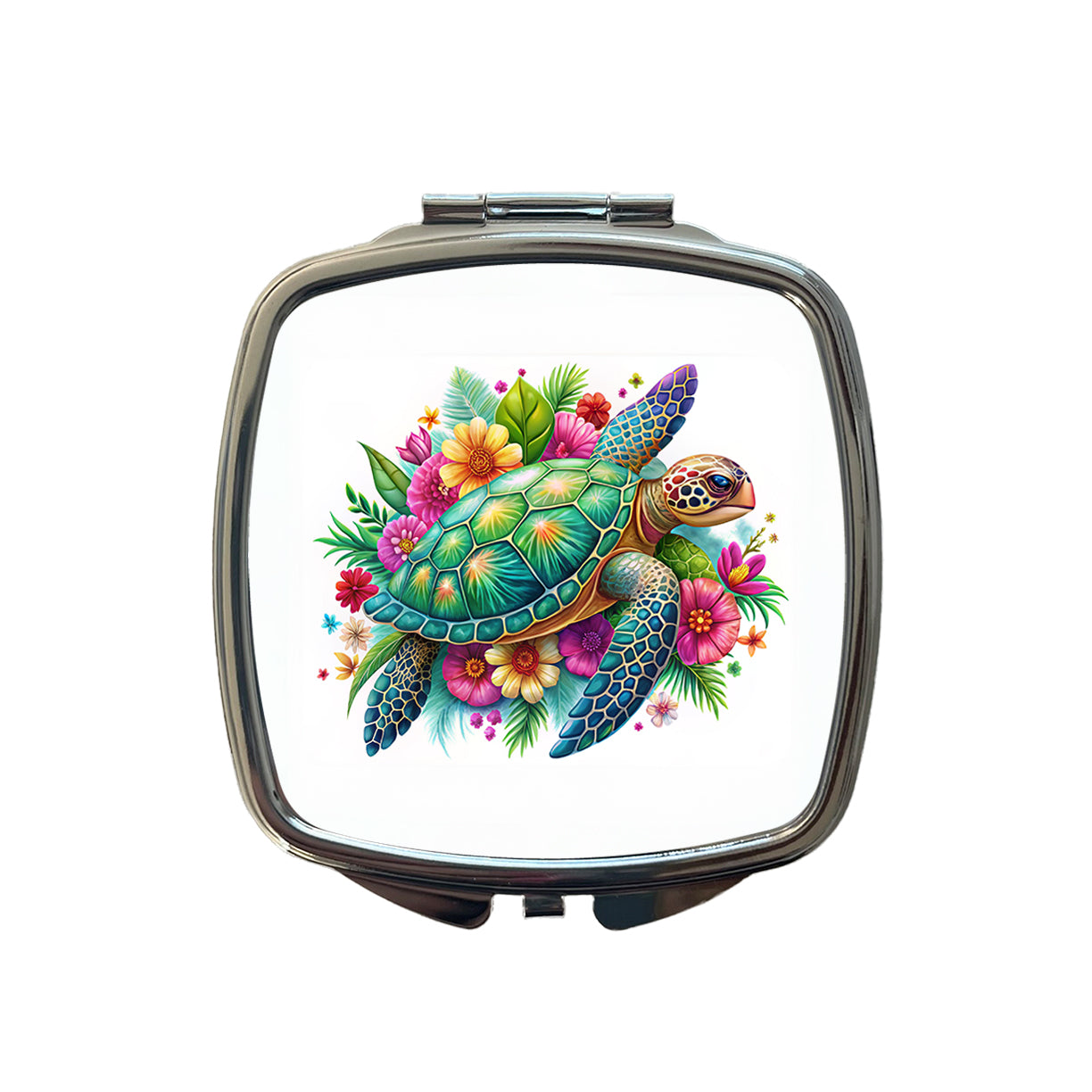 Tropical Sea Turtle Floral Design Small Travel Purse Handbag Pocket Makeup Compact Mirror