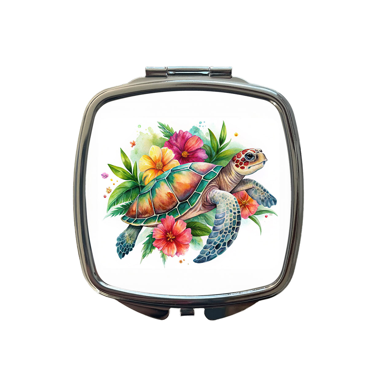 Tropical Sea Turtle Hibiscus Floral Watercolor Small Travel Purse Handbag Pocket Makeup Compact Mirror