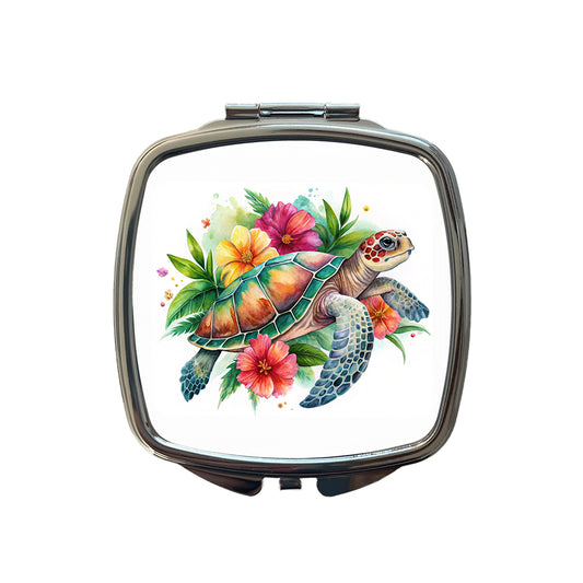 Tropical Sea Turtle Hibiscus Floral Watercolor Small Travel Purse Handbag Pocket Makeup Compact Mirror
