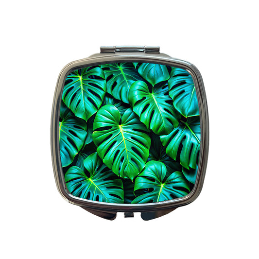 Vibrant Neon Green Monstera Leaves Small Travel Purse Handbag Pocket Makeup Compact Mirror