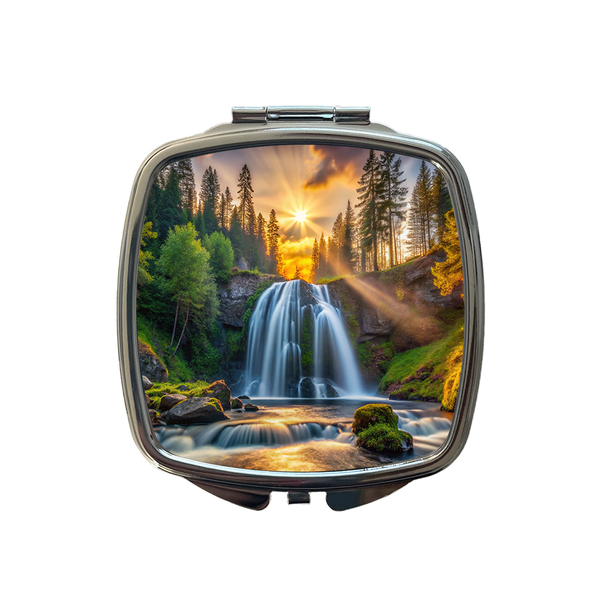Waterfall In The Forest At Sunset Small Travel Purse Handbag Pocket Makeup Compact Mirror