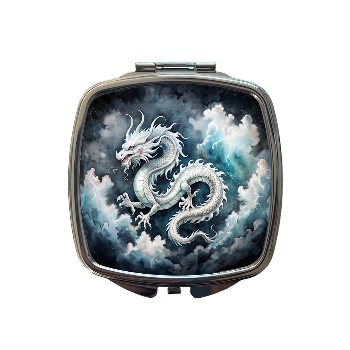White Asian Dragon On Black Watercolor Small Travel Purse Handbag Pocket Makeup Compact Mirror