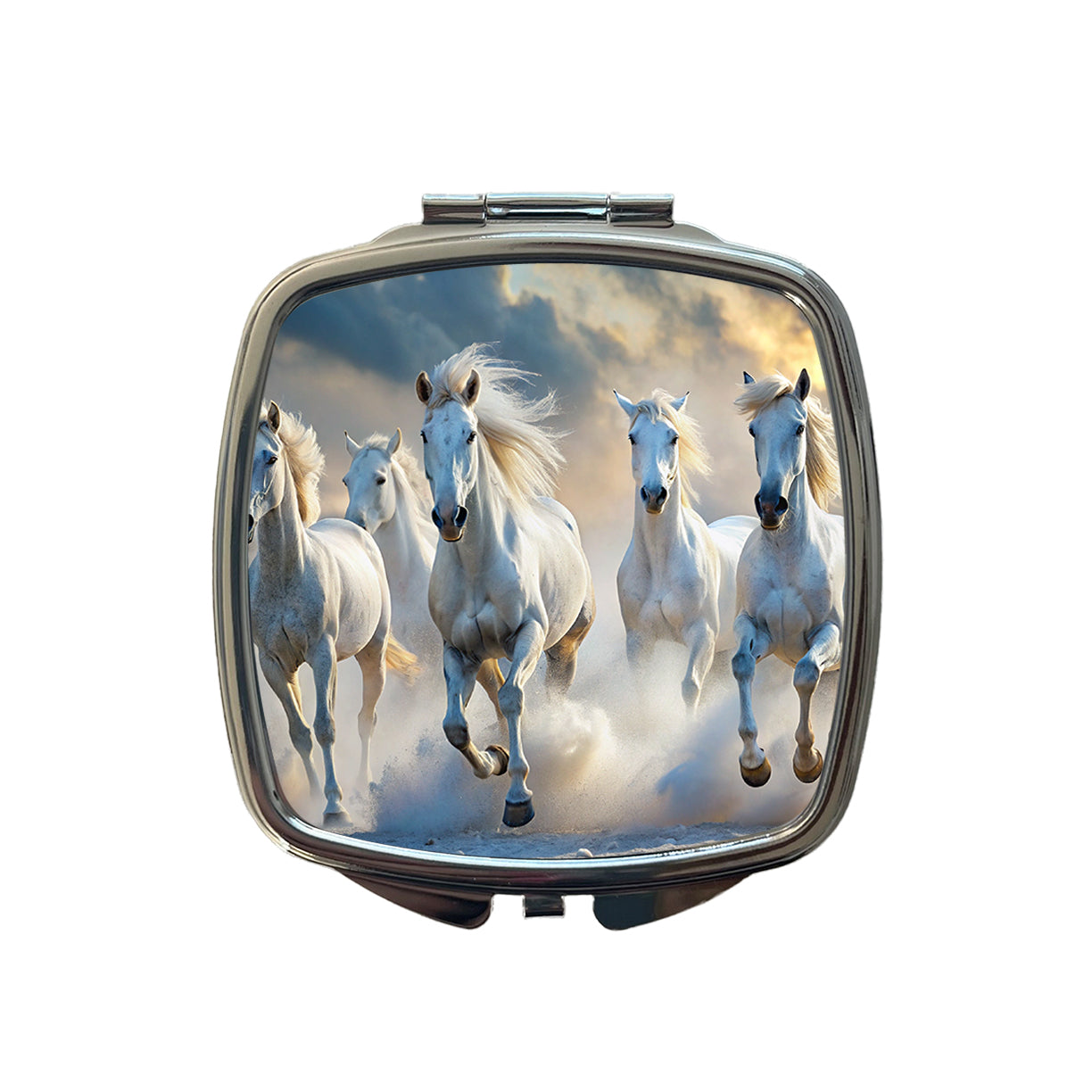 White Horses Galloping Small Travel Purse Handbag Pocket Makeup Compact Mirror