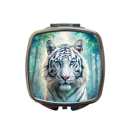 White Tiger In Forest Watercolor Small Travel Purse Handbag Pocket Makeup Compact Mirror