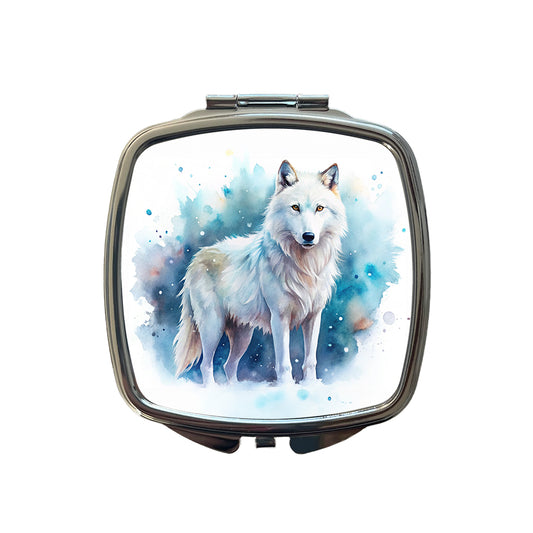 White Wolf Watercolor Small Travel Purse Handbag Pocket Makeup Compact Mirror