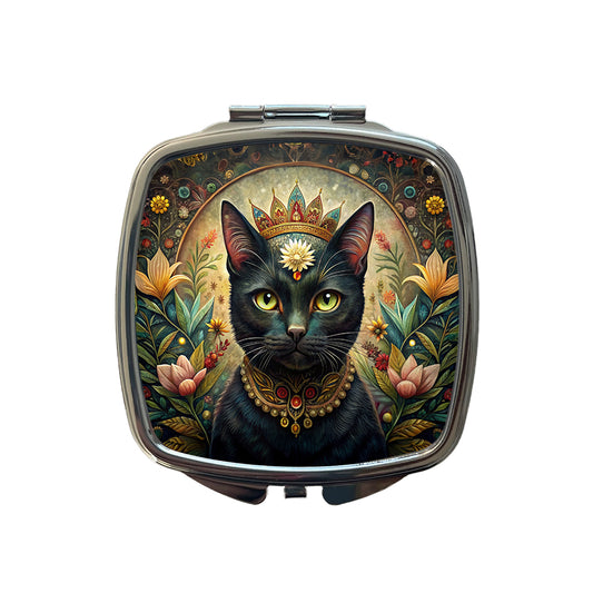 Black Cat French Bohemian Art Small Travel Purse Handbag Pocket Makeup Compact Mirror