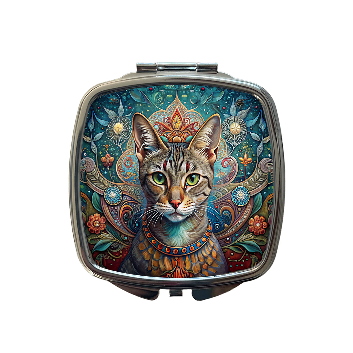 Tabby Cat French Bohemian Art Small Travel Purse Handbag Pocket Makeup Compact Mirror
