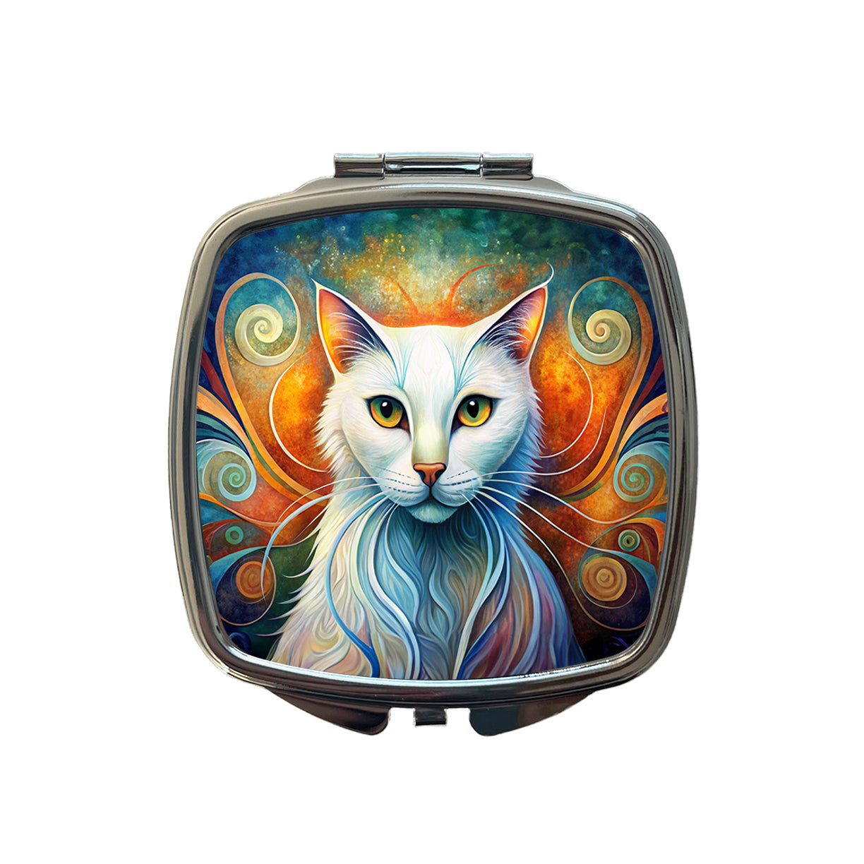 White Cat Abstract Stylized Art Small Travel Purse Handbag Pocket Makeup Compact Mirror