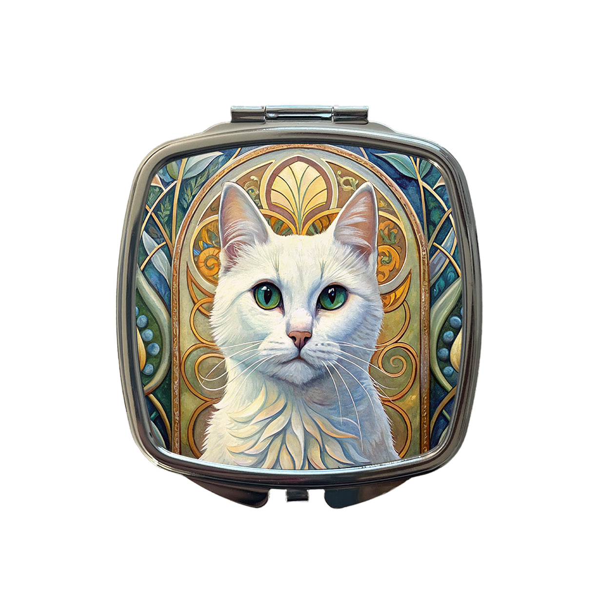 White Cat Art Nouveau Small Travel Purse Handbag Pocket Makeup Compact Mirror
