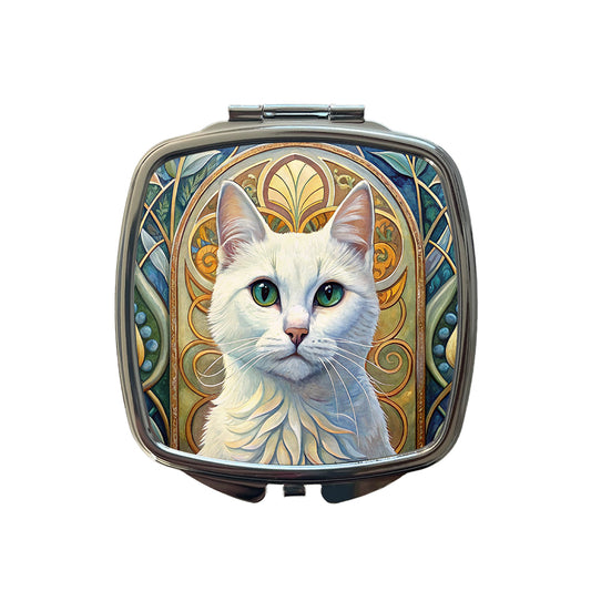 White Cat Art Nouveau Small Travel Purse Handbag Pocket Makeup Compact Mirror