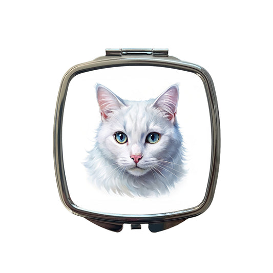 White Cat Illustration Small Travel Purse Handbag Pocket Makeup Compact Mirror