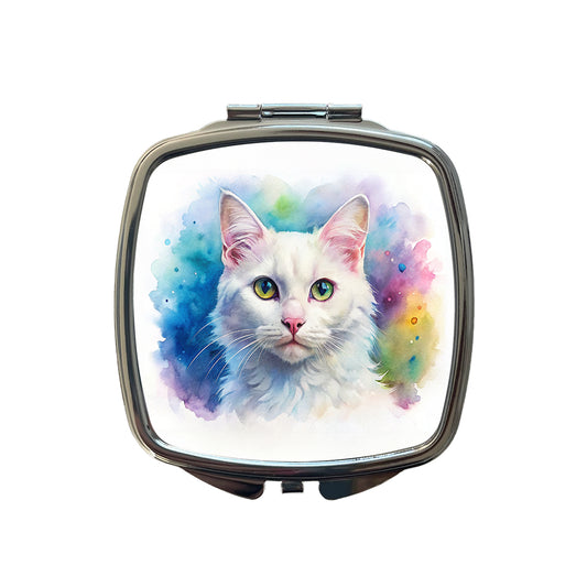 White Cat Watercolor Style Small Travel Purse Handbag Pocket Makeup Compact Mirror