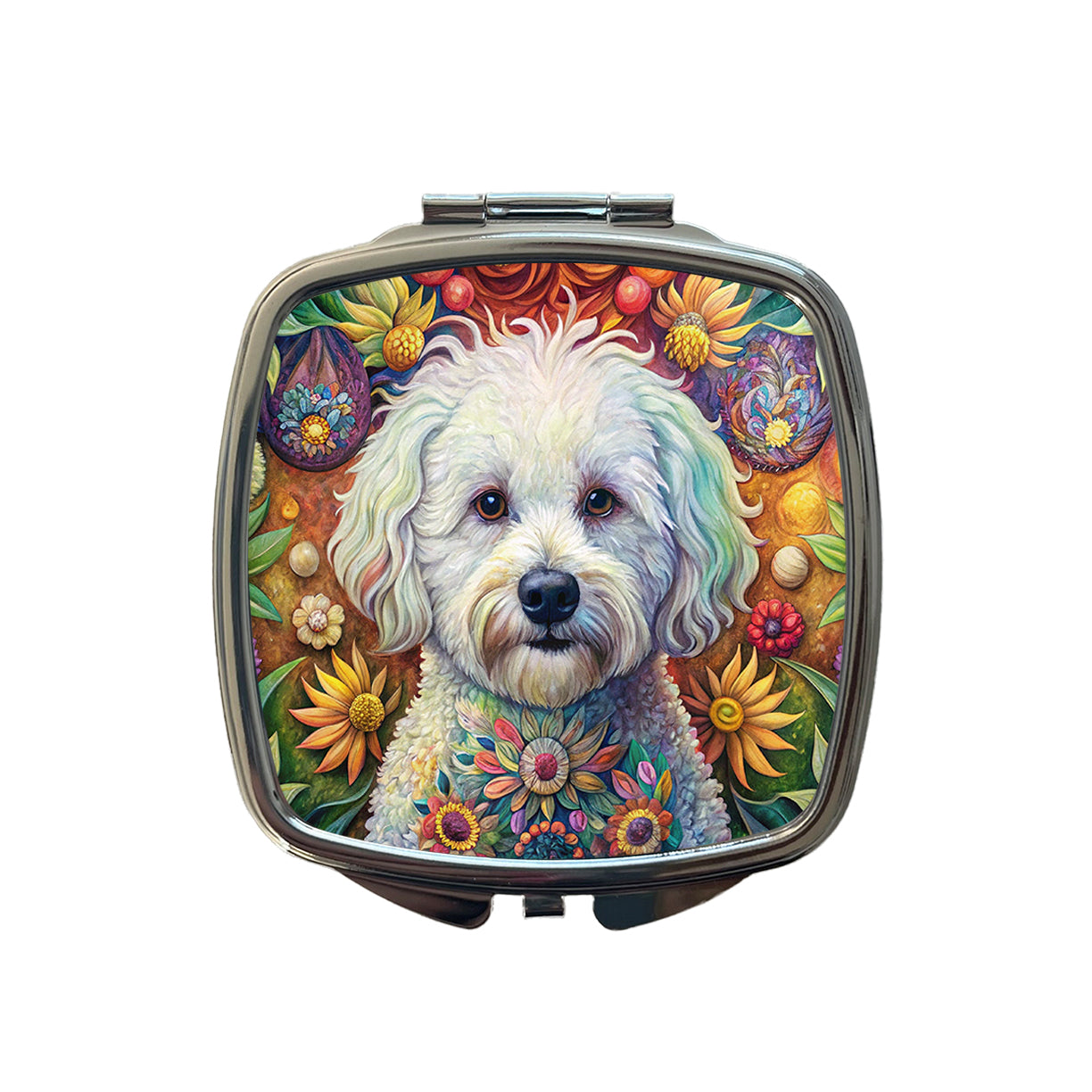 Bichon Frise Dog French Bohemian Art Small Travel Purse Handbag Pocket Makeup Compact Mirror