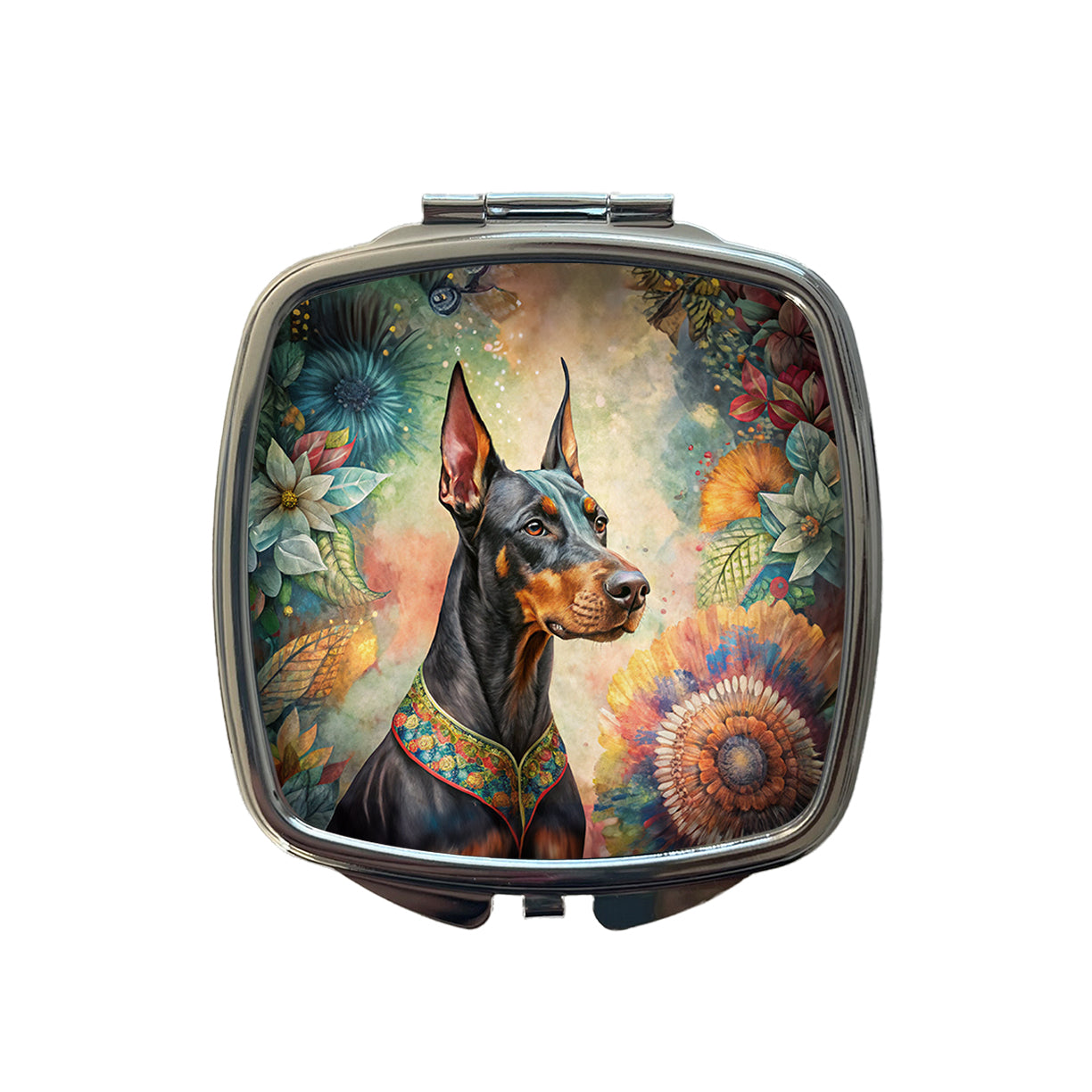 Doberman Pinscher Dog Bohemian Art Small Travel Purse Handbag Pocket Makeup Compact Mirror