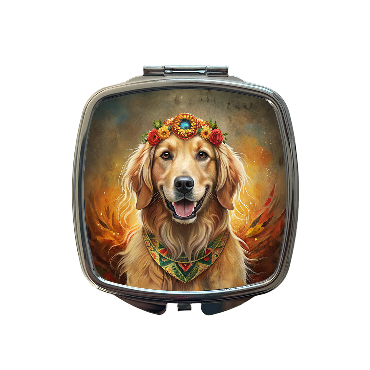 Golden Retriever Dog Bohemian Art Small Travel Purse Handbag Pocket Makeup Compact Mirror