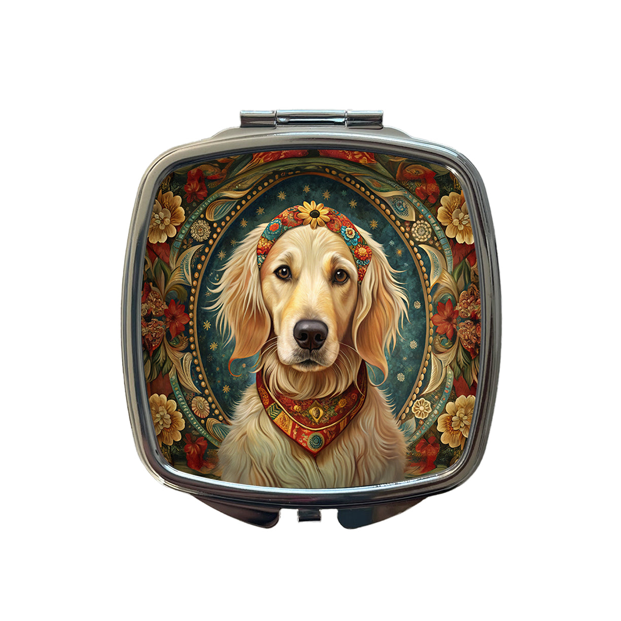 Golden Retriever Dog French Bohemian Art Small Travel Purse Handbag Pocket Makeup Compact Mirror