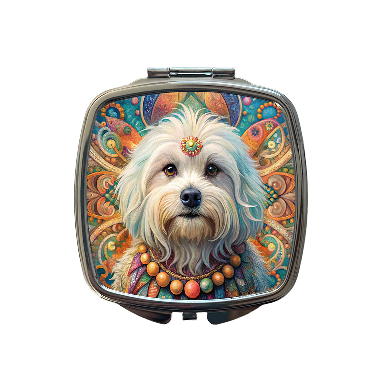 Maltese Dog Bohemian Art Small Travel Purse Handbag Pocket Makeup Compact Mirror