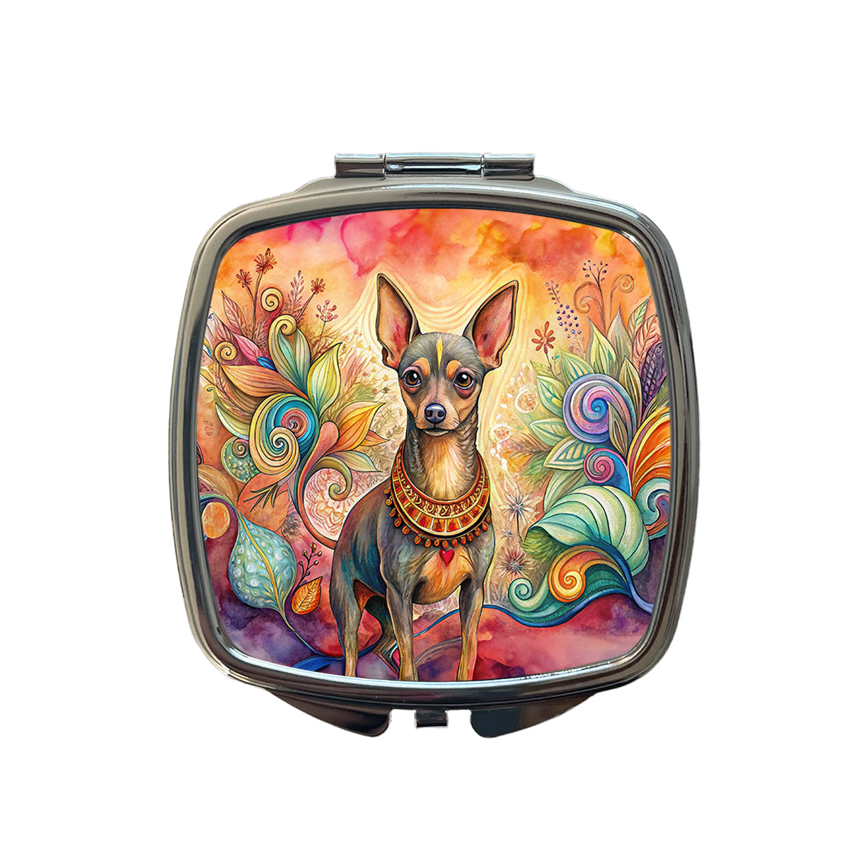 Miniature Pinscher Dog Bohemian Art Small Travel Purse Handbag Pocket Makeup Compact Mirror
