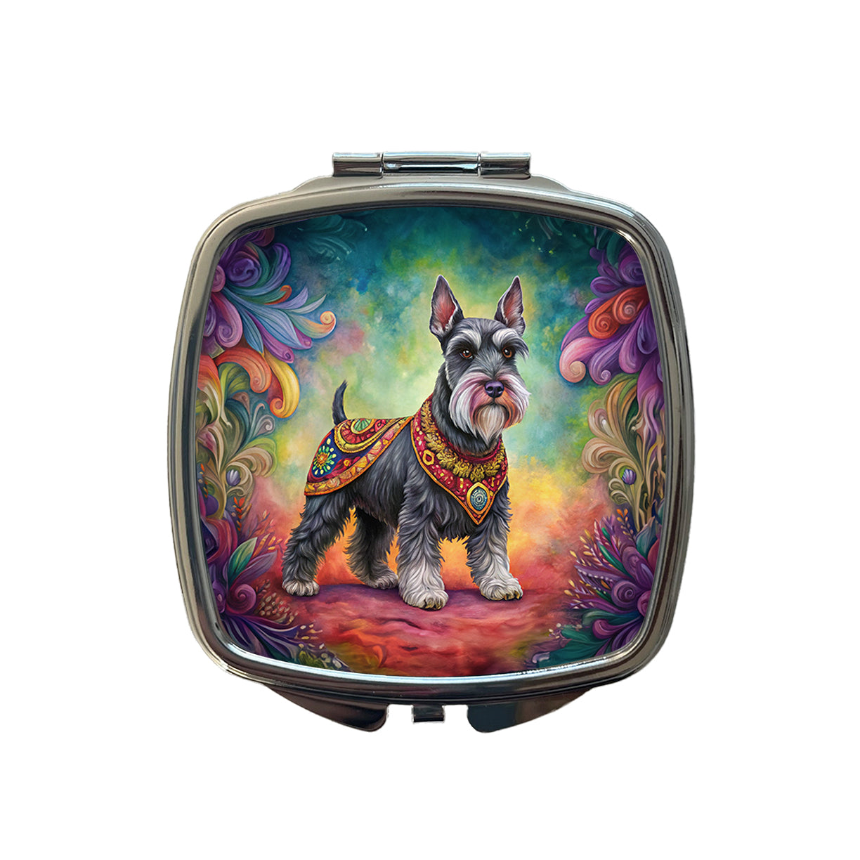 Miniature Schnauzer Dog Bohemian Art Small Travel Purse Handbag Pocket Makeup Compact Mirror