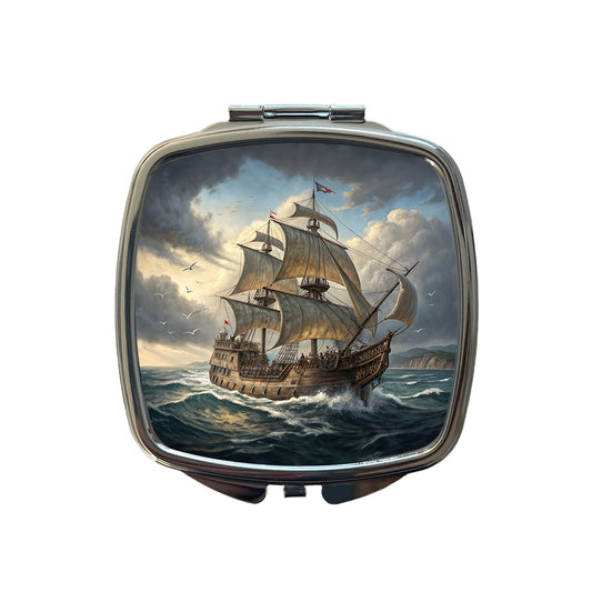 18th Century Privateer Sailing Ship At Sea Age of Sail Small Travel Purse Handbag Pocket Makeup Compact Mirror