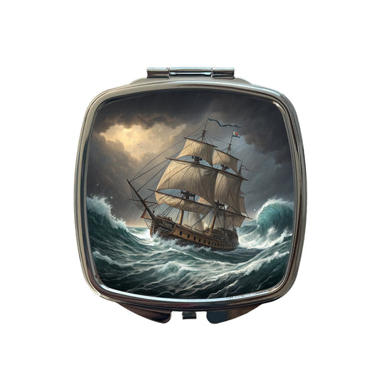 18th Century Sailing Ship Frigate In A Stormy Sea Small Travel Purse Handbag Pocket Makeup Compact Mirror
